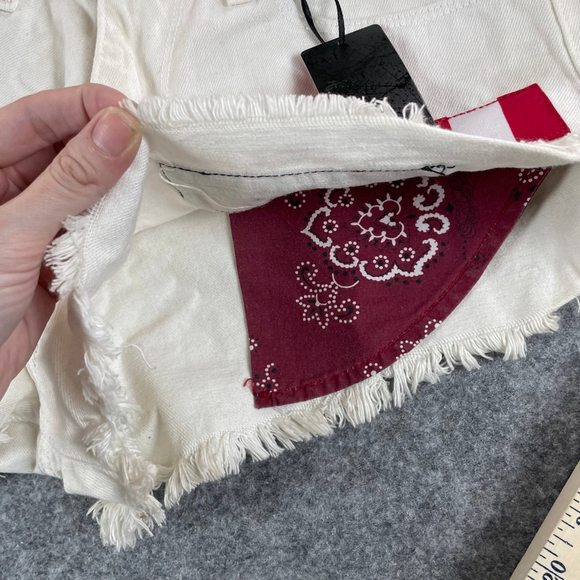 USA Flag Patch Denim Cutoff Shorts Womens L Selvedge Festival Y2K - Picture 9 of 12